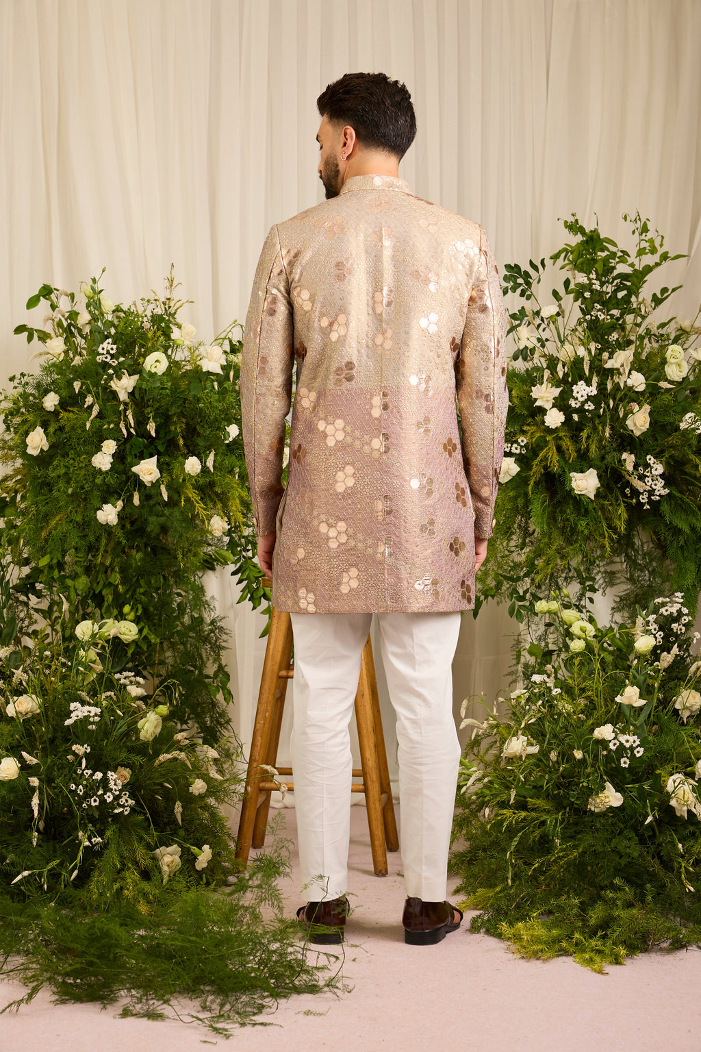 The Maison Rose — A Pink-Gold Sherwani with Textured Leatherwork