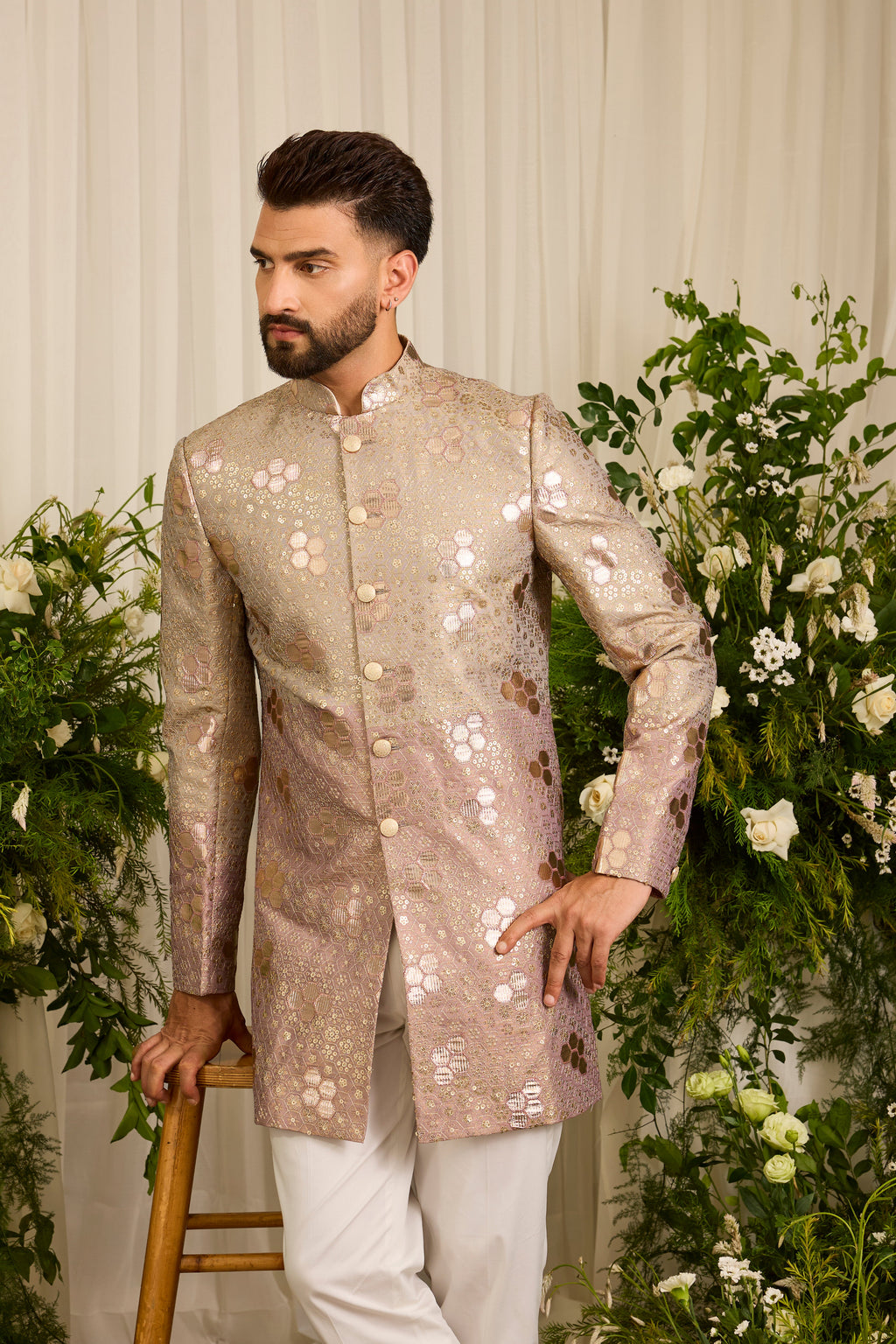 The Maison Rose — A Pink-Gold Sherwani with Textured Leatherwork