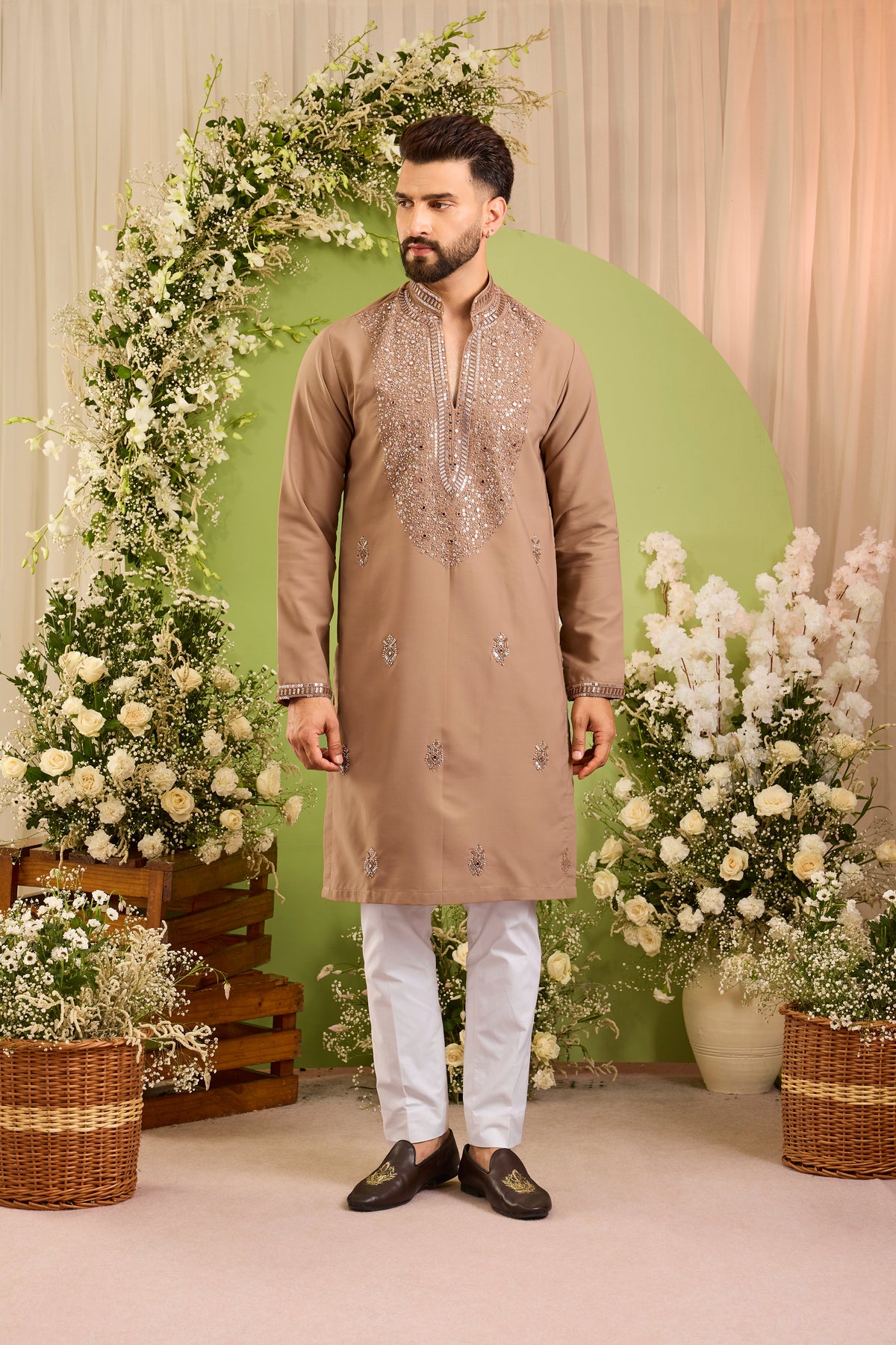 The Echelon — A Beige- brown Kurta with a Jewelled Neckline