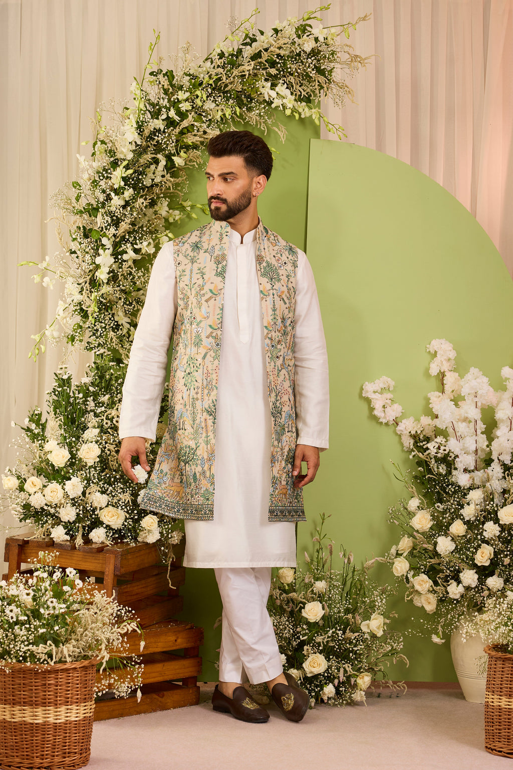 Brown long open jacket Alive with Tropical Embroidery