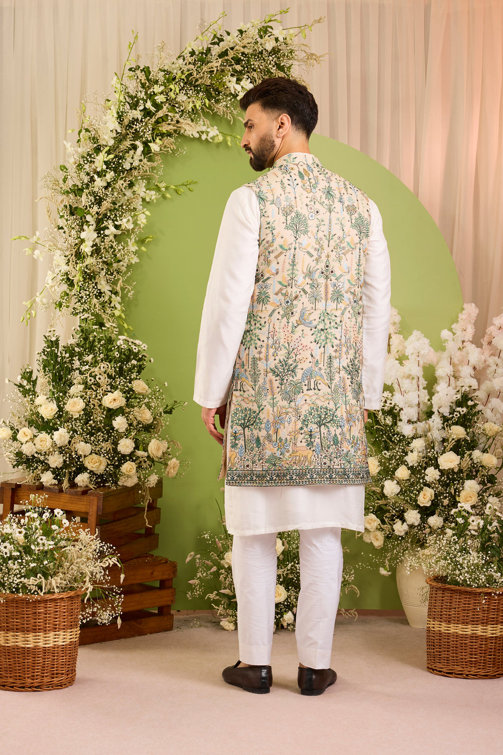 Brown long open jacket Alive with Tropical Embroidery