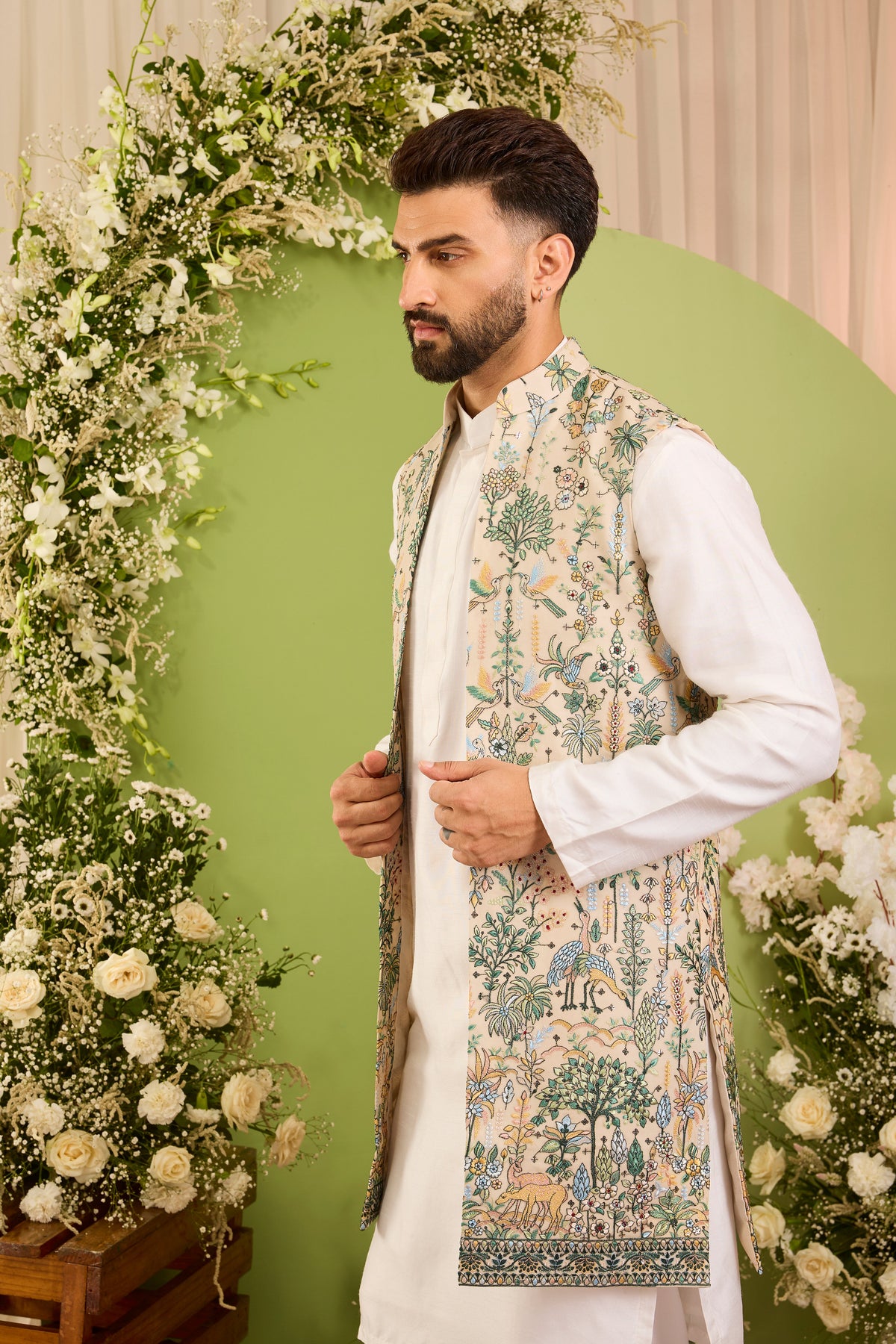 Brown long open jacket Alive with Tropical Embroidery