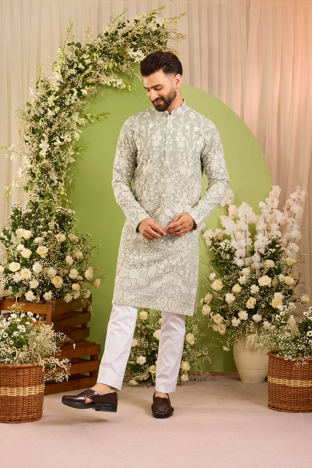 The Silvan — A  sage blue/green Kurta Alive with Ivory Flora and Fauna