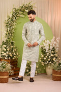 The Silvan — A  sage blue/green Kurta Alive with Ivory Flora and Fauna
