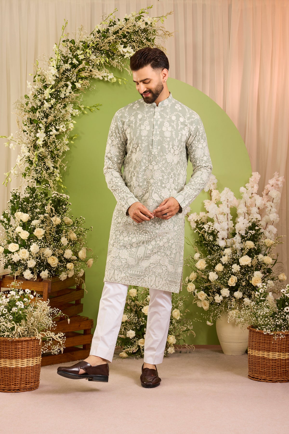 The Silvan — A  sage blue/green Kurta Alive with Ivory Flora and Fauna