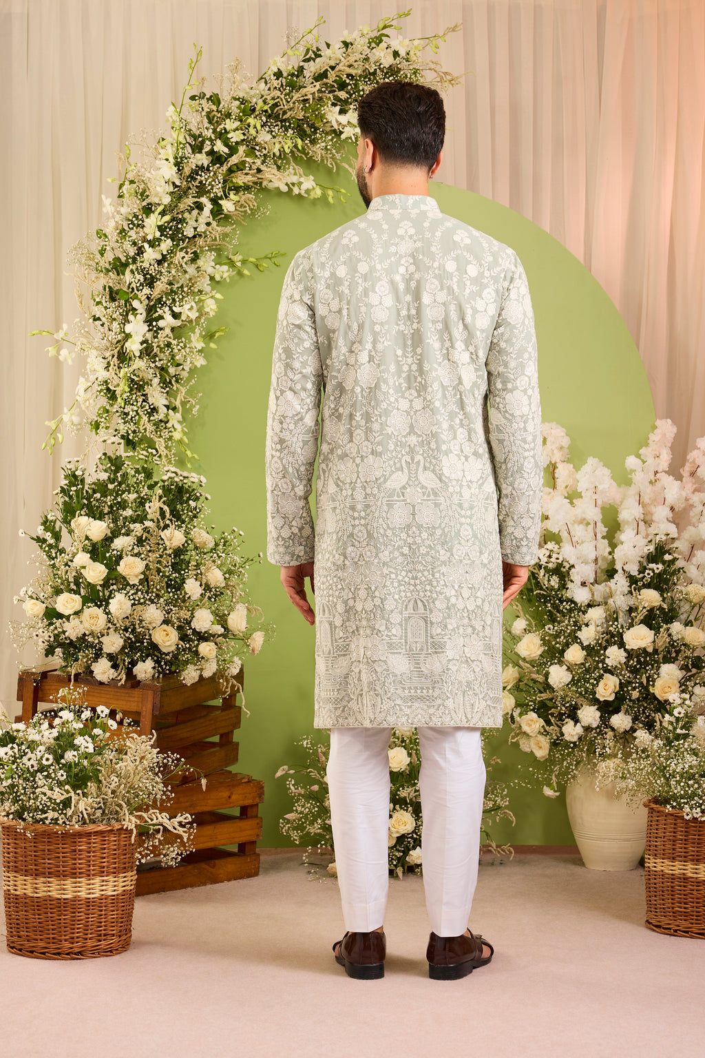 The Silvan — A  sage blue/green Kurta Alive with Ivory Flora and Fauna