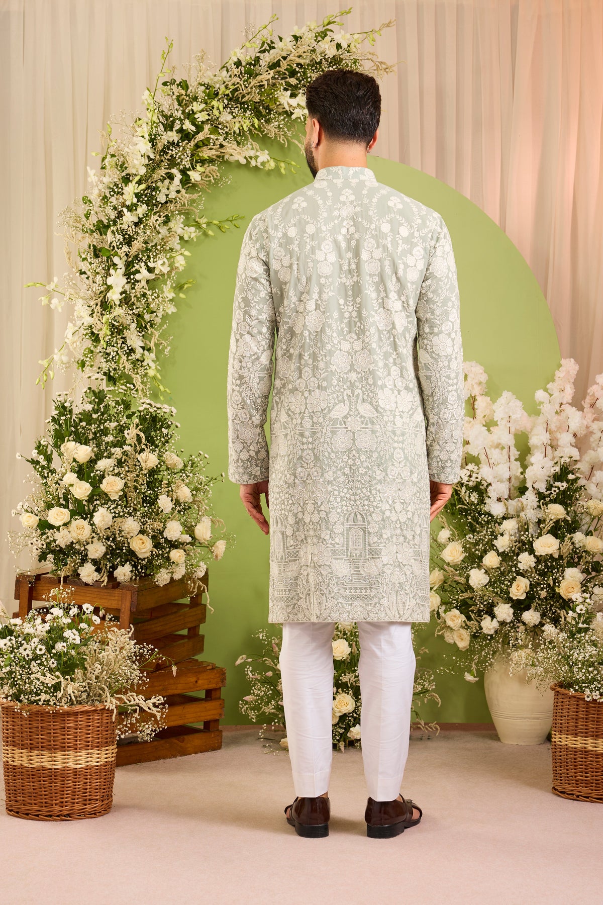 The Silvan — A  sage blue/green Kurta Alive with Ivory Flora and Fauna
