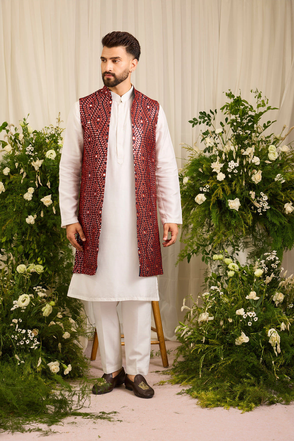 The Haute - A Statement maroon long open jacket with Mirror work Detailing