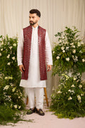 The Haute - A Statement maroon long open jacket with Mirror work Detailing