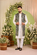 The D'Orsay -A Floral green long open jacket Richly Worked in Zari