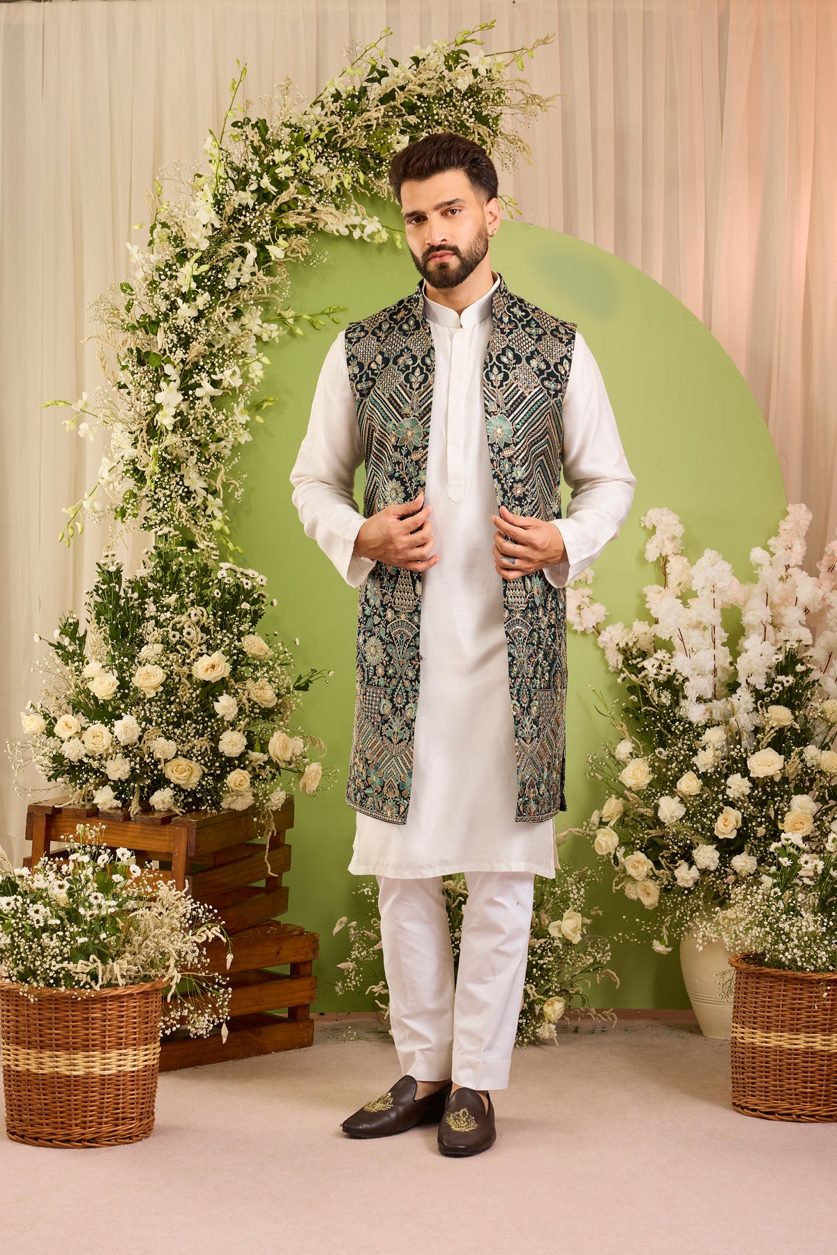 The D'Orsay -A Floral green long open jacket Richly Worked in Zari