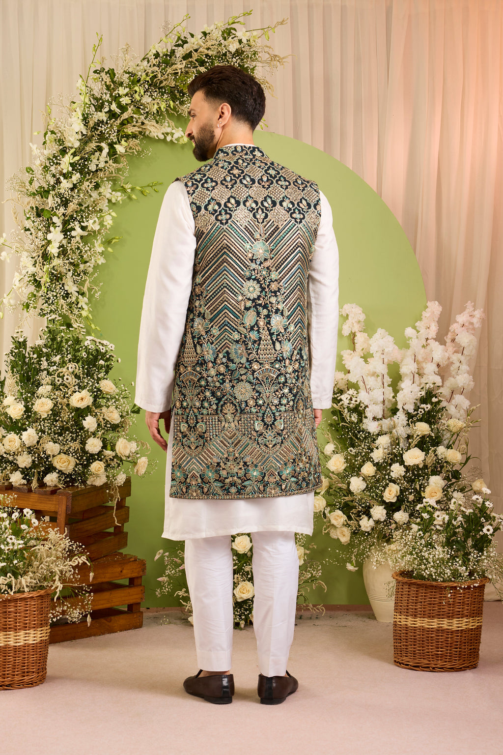 The D'Orsay -A Floral green long open jacket Richly Worked in Zari
