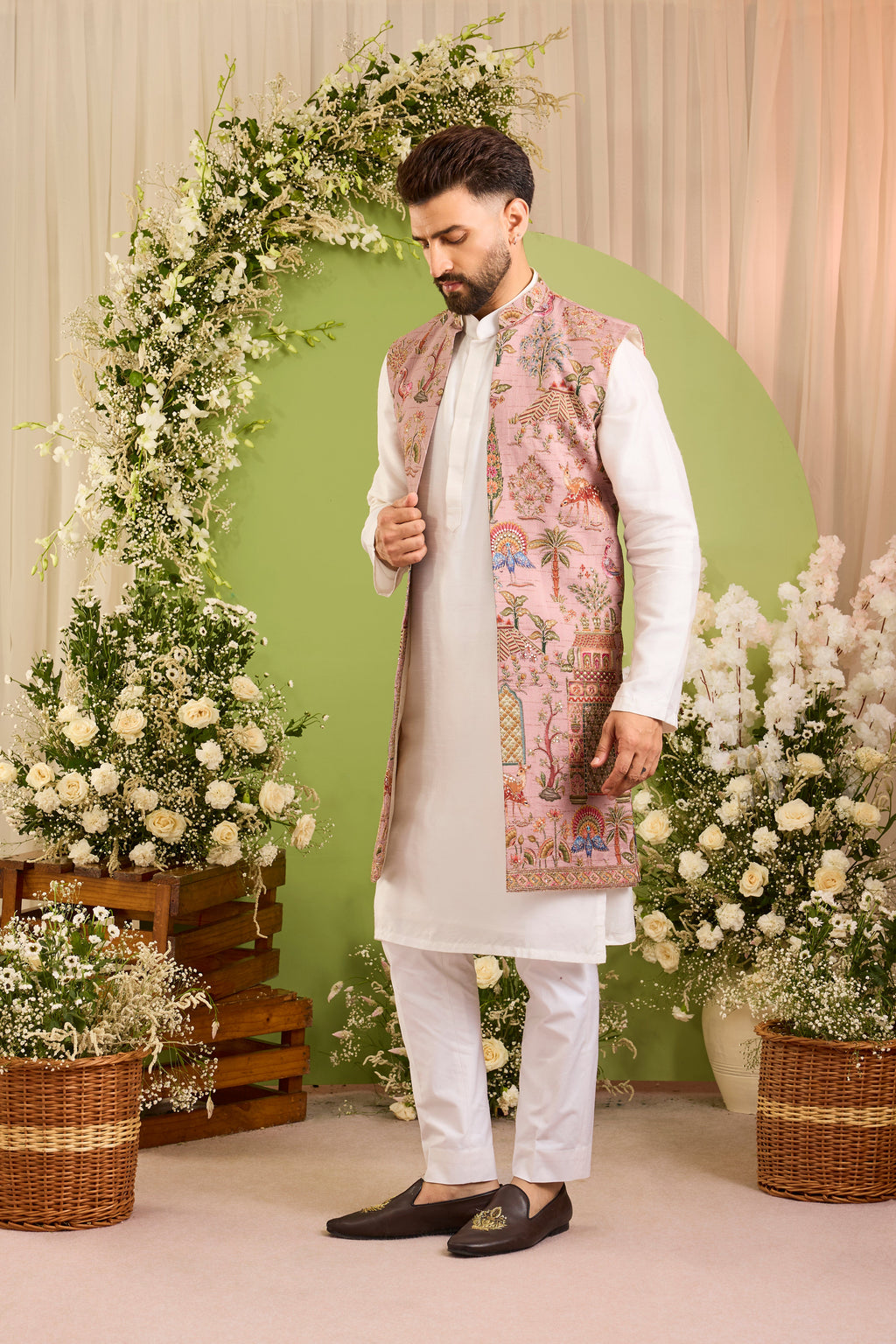 The Crosby — A Mauve long open jacket  Richly Embroidered with Nature Motifs