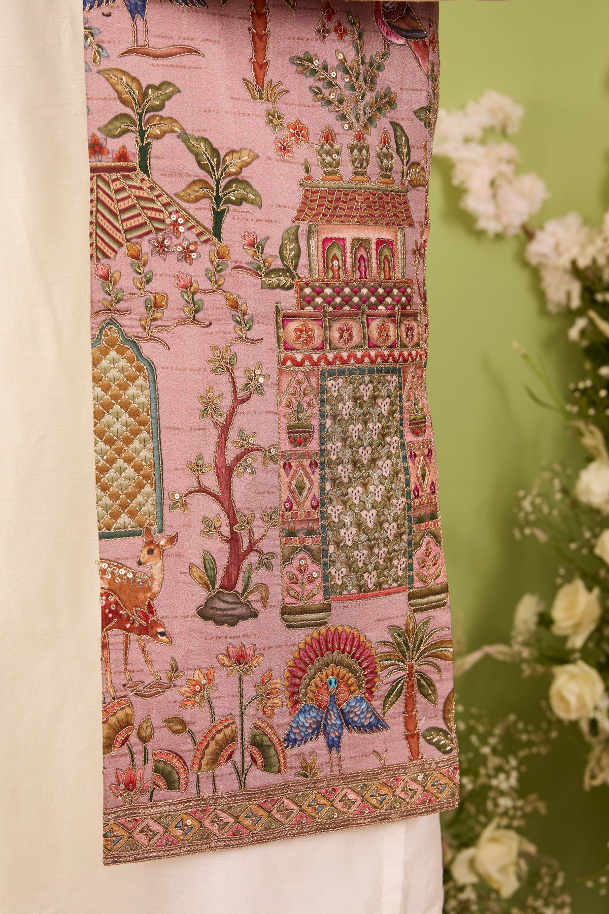 The Crosby — A Mauve long open jacket  Richly Embroidered with Nature Motifs