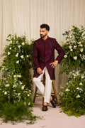 The Lannister - A Maroon Sherwani with Sculptural Black Embellishment