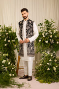 A Midnight Sequin long open jacket Embellished in Golden Threadwork and majestic flamingos