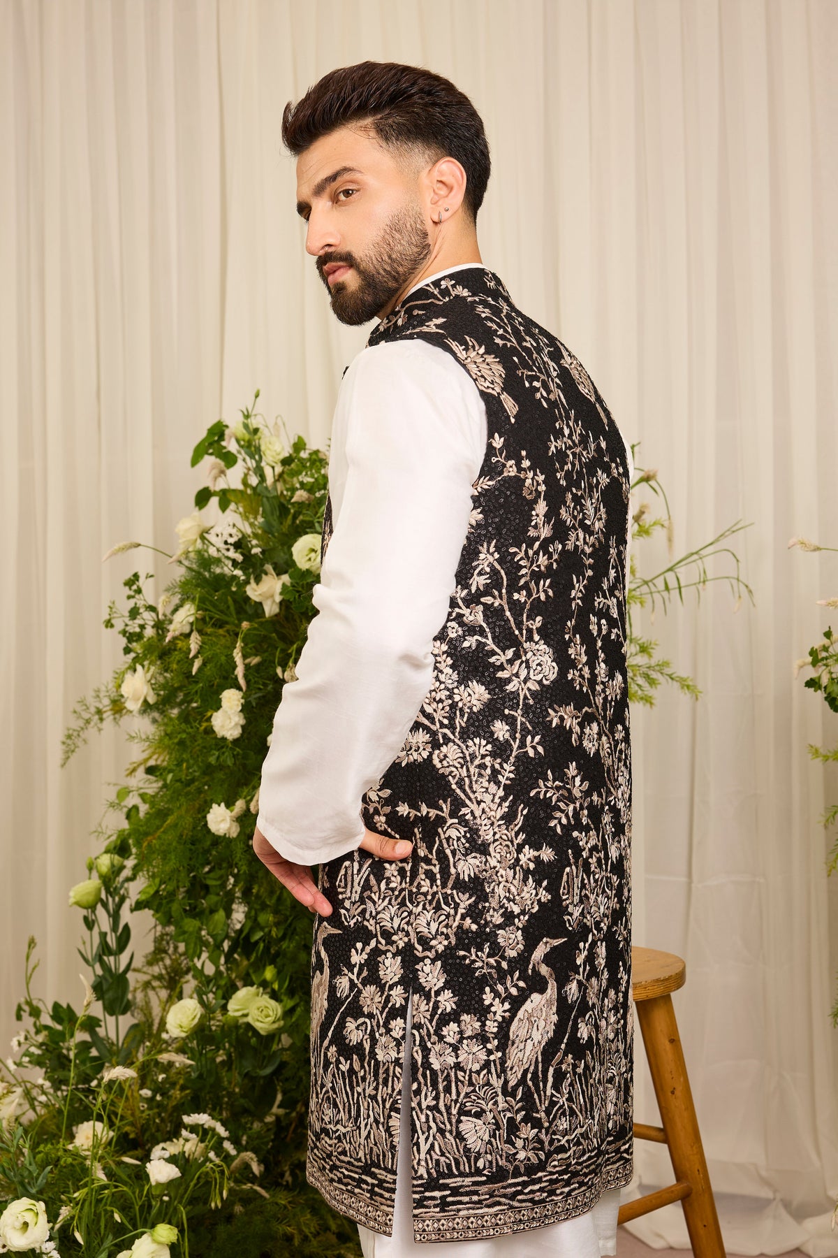 A Midnight Sequin long open jacket Embellished in Golden Threadwork and majestic flamingos