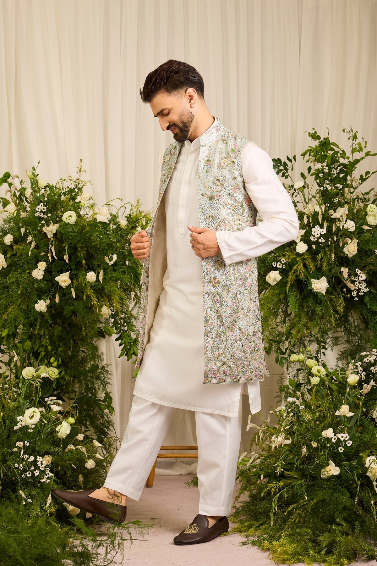 A blue Sequined long open  Jacket with Floral Embroidery
