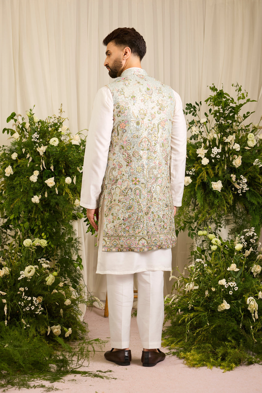 A blue Sequined long open  Jacket with Floral Embroidery