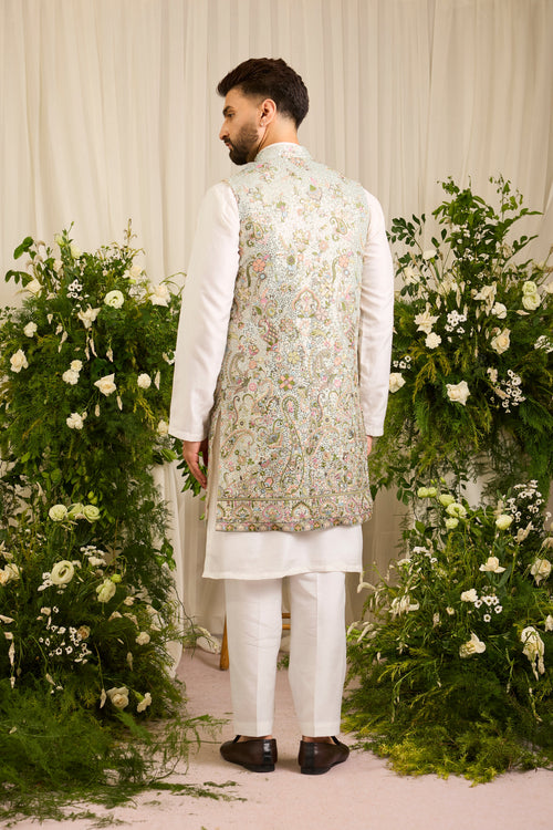 A blue Sequined long open  Jacket with Floral Embroidery