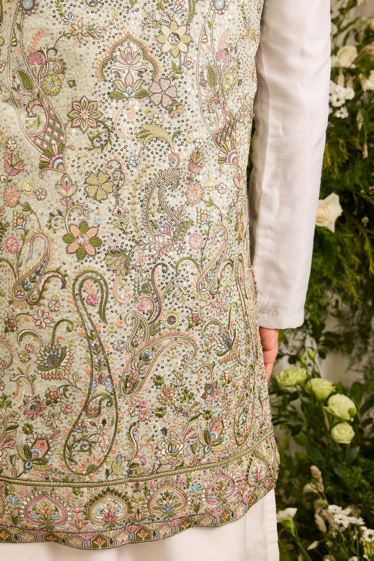 A blue Sequined long open  Jacket with Floral Embroidery