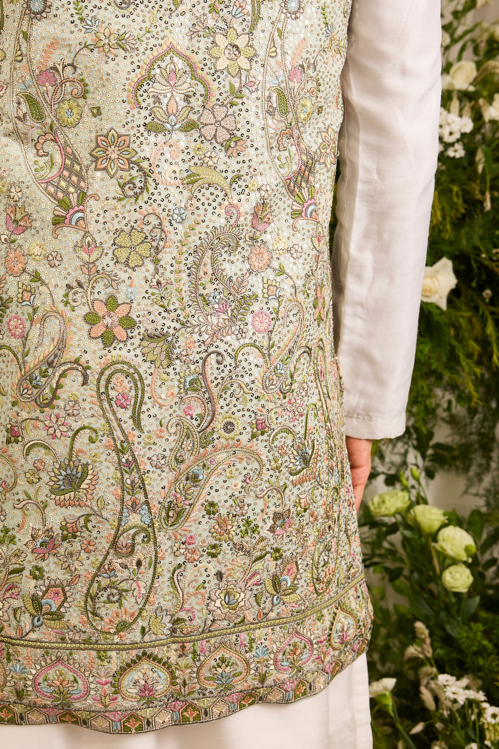 The Eminence - A Beige long open jacket Richly Worked in Cut-Dana